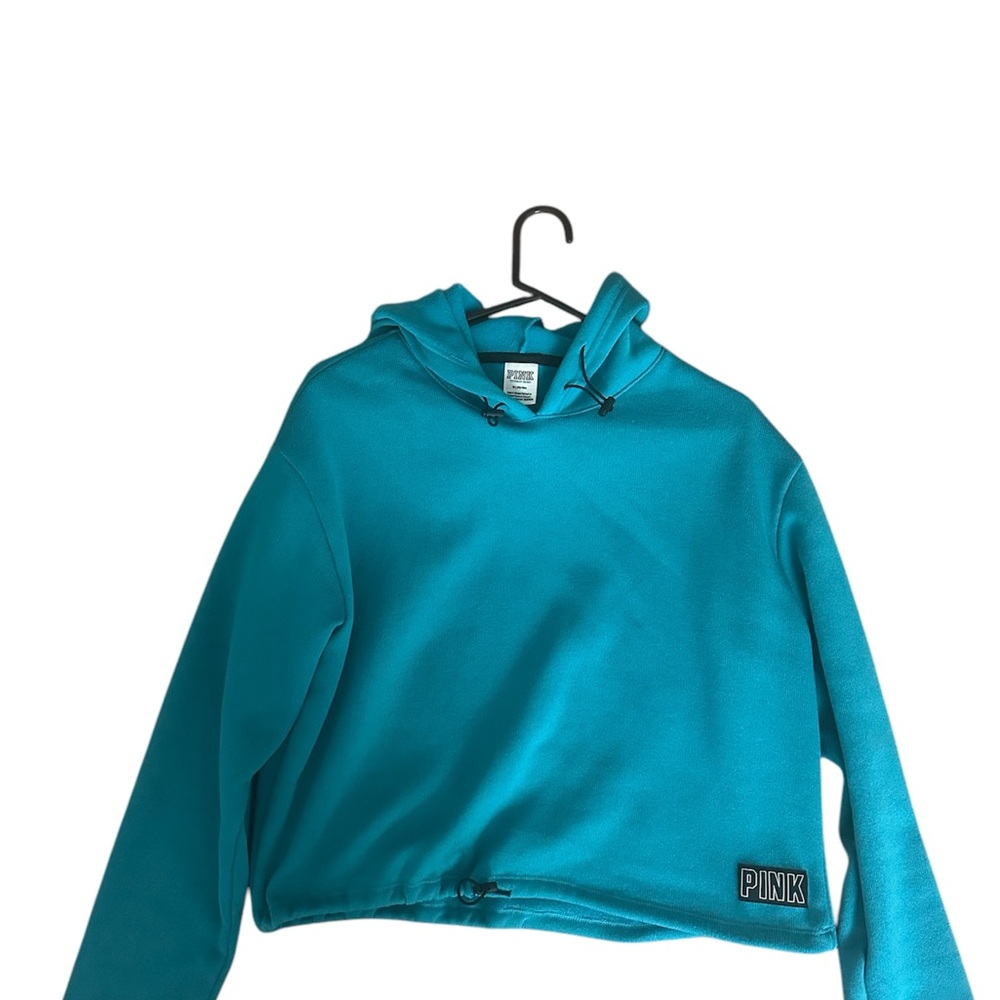 VS PINK Turquoise Cropped Hoodie — Vintage OG Logo (Medium)